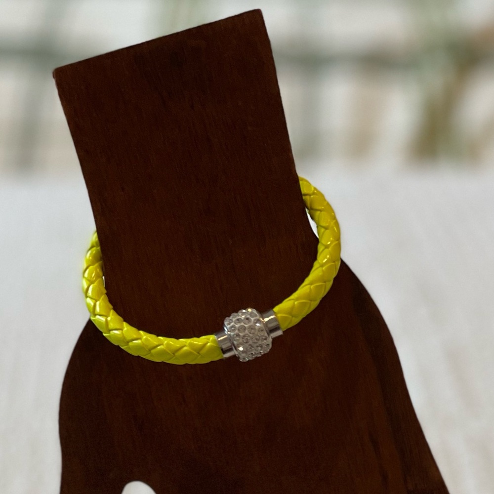 Yellow Braided leather bracelet rhinestone stainless steel magnetic closure